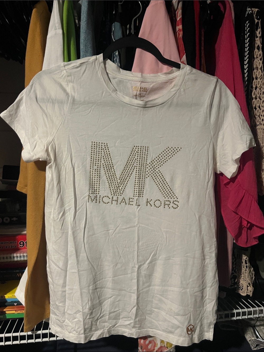 ❤️5/$20. Michael Kors White Crystal MK Logo Short Sleeve Tee
